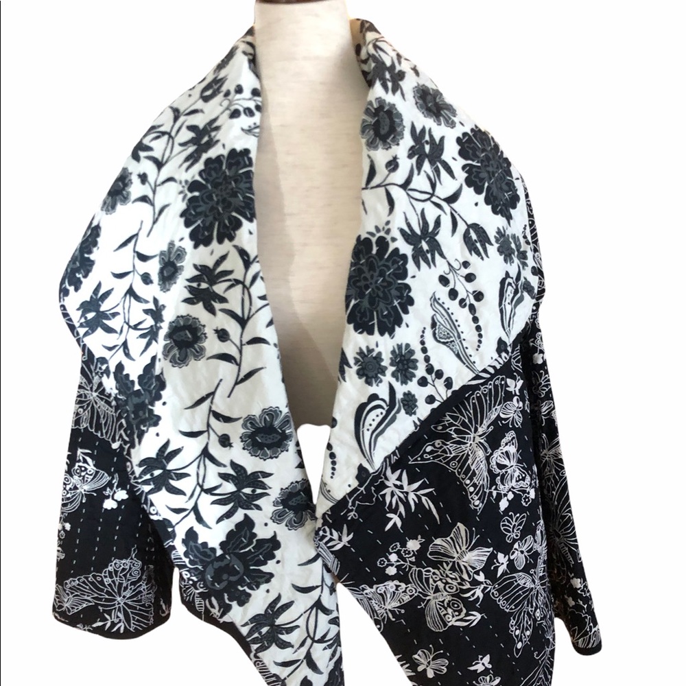 Shawl Collar Swing Coat Black/White Butterfly Florals Hand Stitched Reversible
